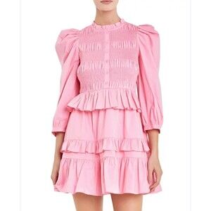 English Factory Smocking Detail Mini Dress Size M Ruffles Barbie Pink Coquette